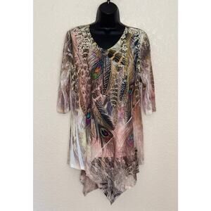 The Pyramid Collection Top Artsy Asymmetric Peacock Feather Print Beaded Shirt M